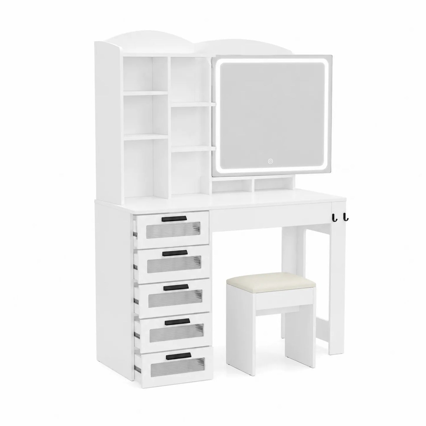 Toilette in Legno con Specchio LED e Sgabello Bianco