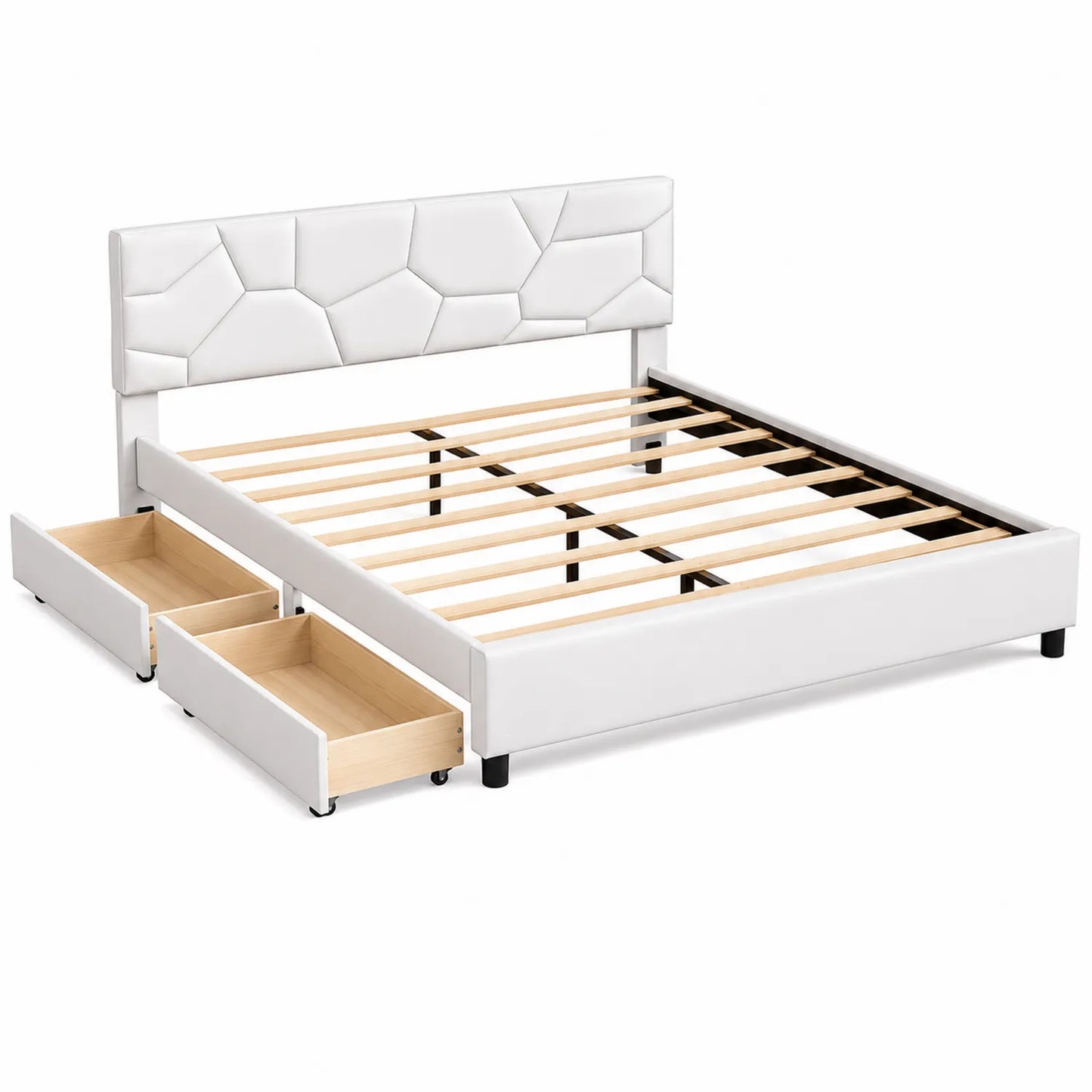 Letto matrimoniale in legno con testiera imbottita e cassetti portaoggetti in similpelle bianca 160x200 cm