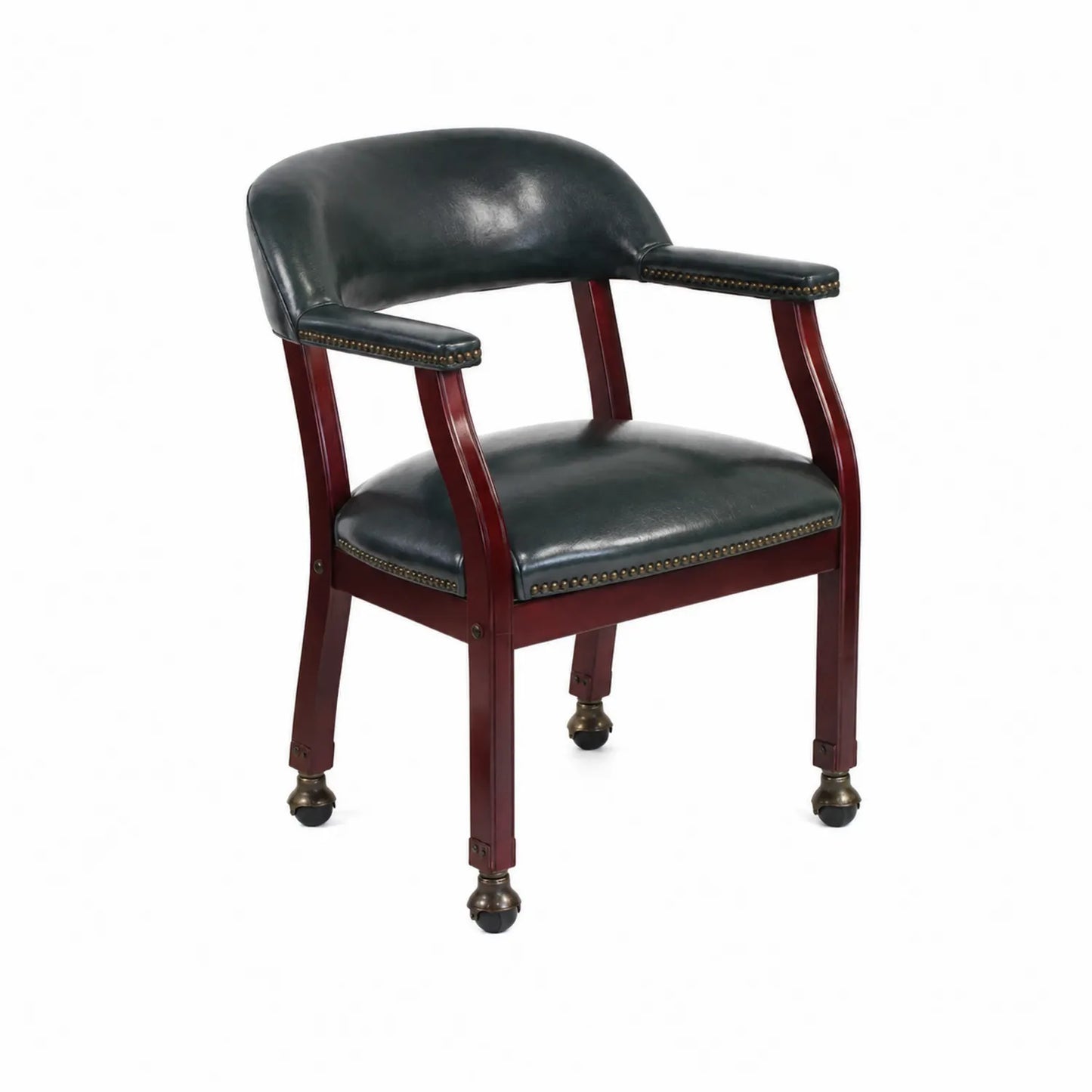 Chaise en bois et cuir synthétique noir avec roulettes