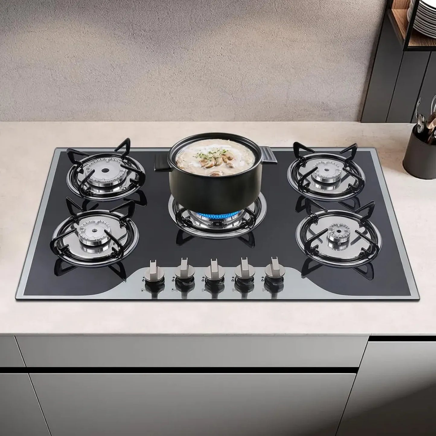 Plaque de cuisson gaz 5 brûleurs, encastrable, réglages indépendants, compatible verre, céramique, fer, inox