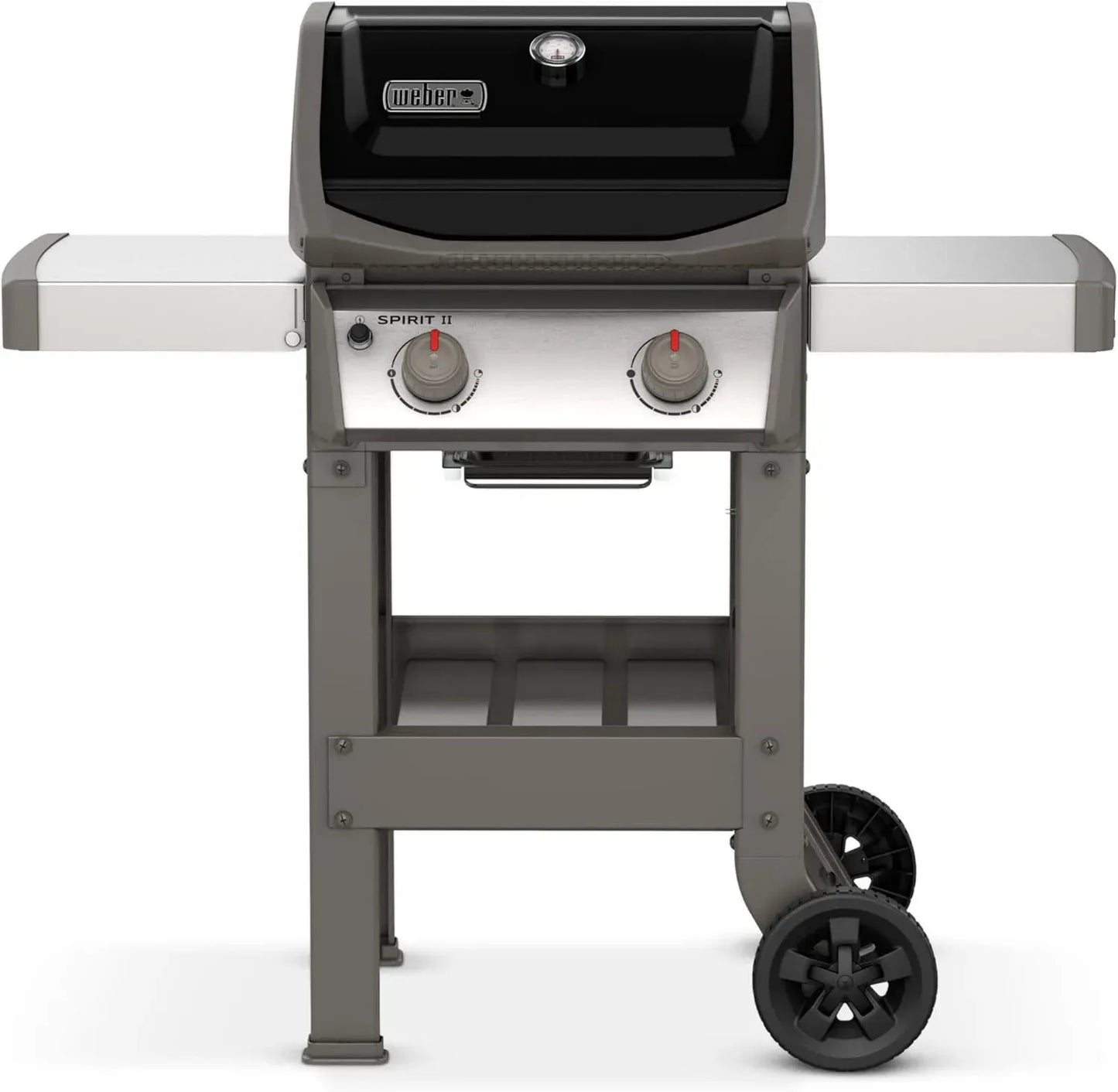Barbecue à gaz Weber Spirit II E-210 avec 2 brûleurs, système de cuisson GS4 performant, grilles Gourmet, surface 51x46 cm, tablettes intégrées, noir/argent