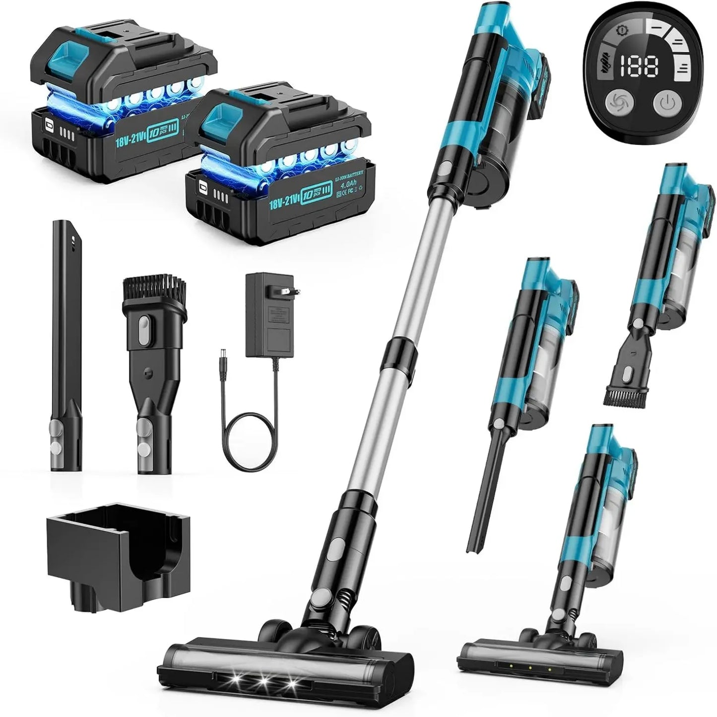 Aspirateur Balai Sans Fil 700W, 70 Min, Puissance 60KPa, 2 Batteries 4.0Ah, Brosse Anti-Enchevêtrement, Écran LED, Pour Cheveux, Tapis et Sols Durs