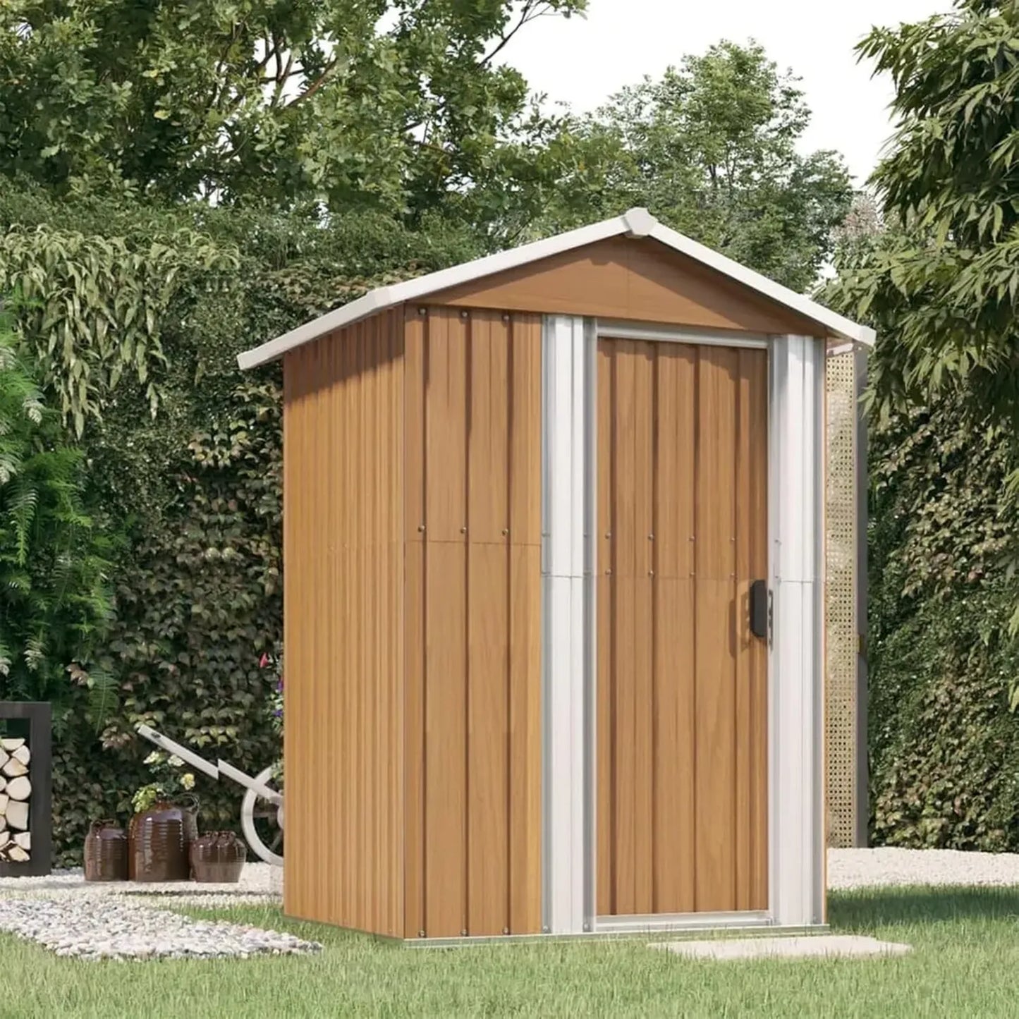 Cabanon de Jardin en Acier Marron 126x97,5x177 cm avec Porte Coulissante