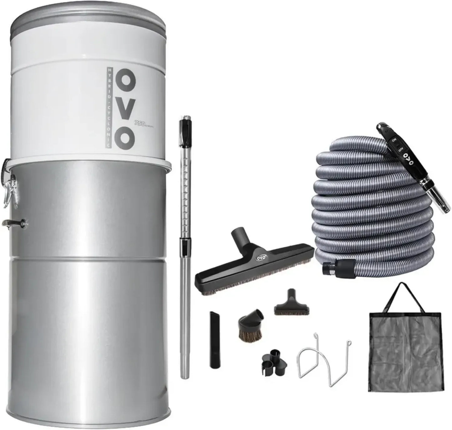 OVO Aspirateur Central Puissant, Filtration Hybride, 750 Airwatts, Kit Luxe 12,2 m Inclus