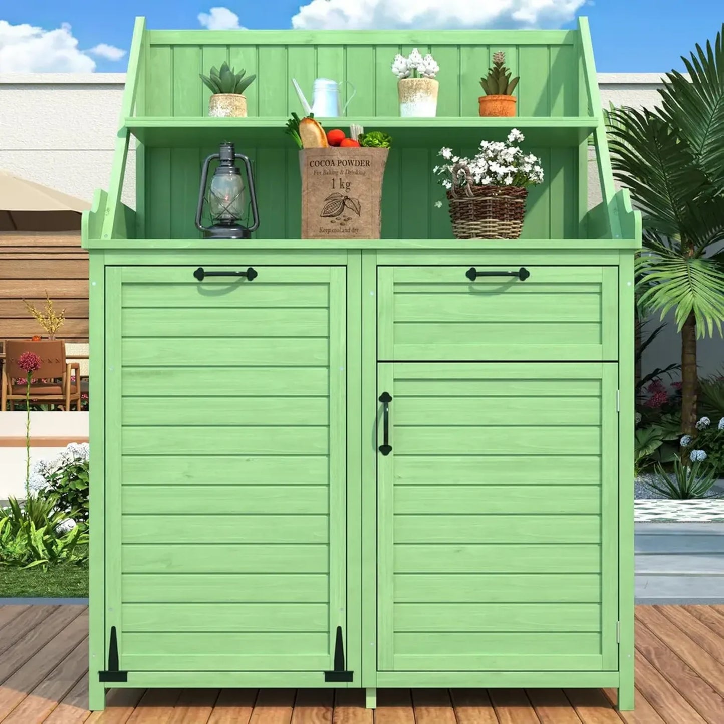 Cabinet de jardin en bois vert avec étagères - Rangement extérieur polyvalent