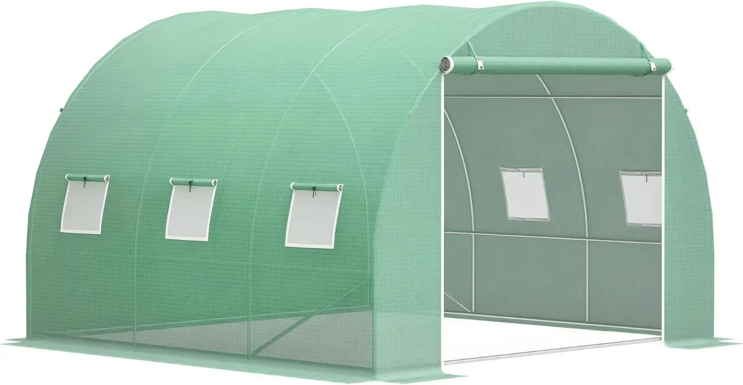 Serre de Jardin Outsunny 9 m² avec Structure en Acier et PE Anti-UV, 6 Fenêtres en Maille, Porte Enroulable