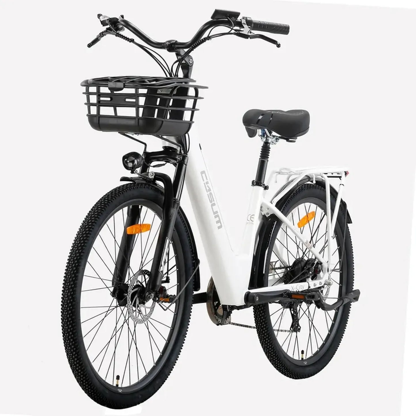 Vélo Électrique Urbain 26" pour Femme, Assistance 45Nm, Batterie Amovible 48V 10.4Ah, Autonomie jusqu'à 100 km, Inclus Panier et Porte-Bagages