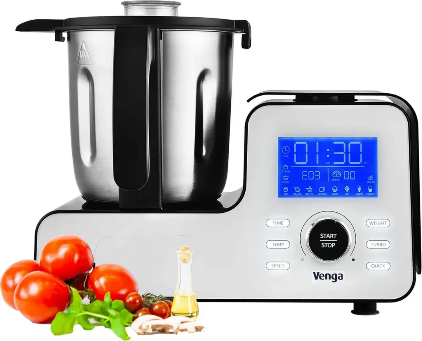 Robot de Cuisine Compact Venga! 1500W avec Balance et 10 Programmes, Inclus Livre de Recettes, Blanc/Noir
