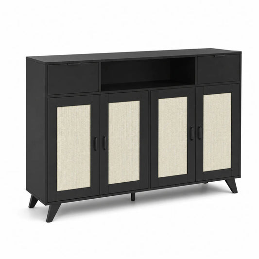 Credenza in Legno con Ante in Lino Nero e Beige 120x40x80 cm
