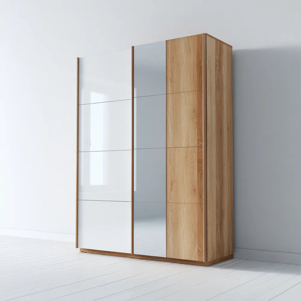 Wardrobe with Sliding Doors 150x60x200 cm - White/Oak - Modern Design