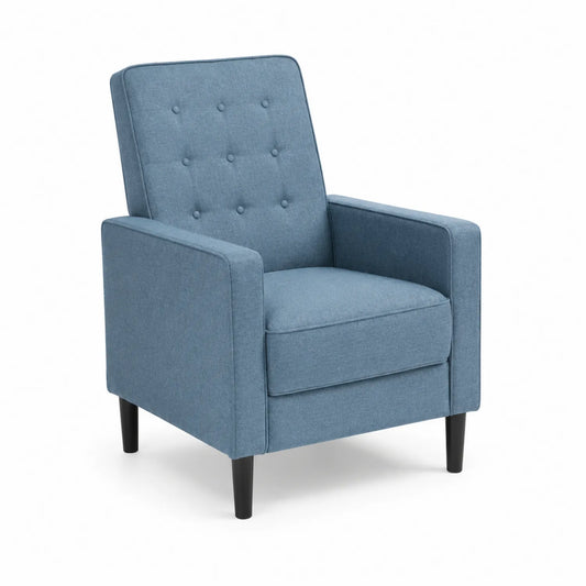 Poltrona in tessuto blu con gambe in legno
