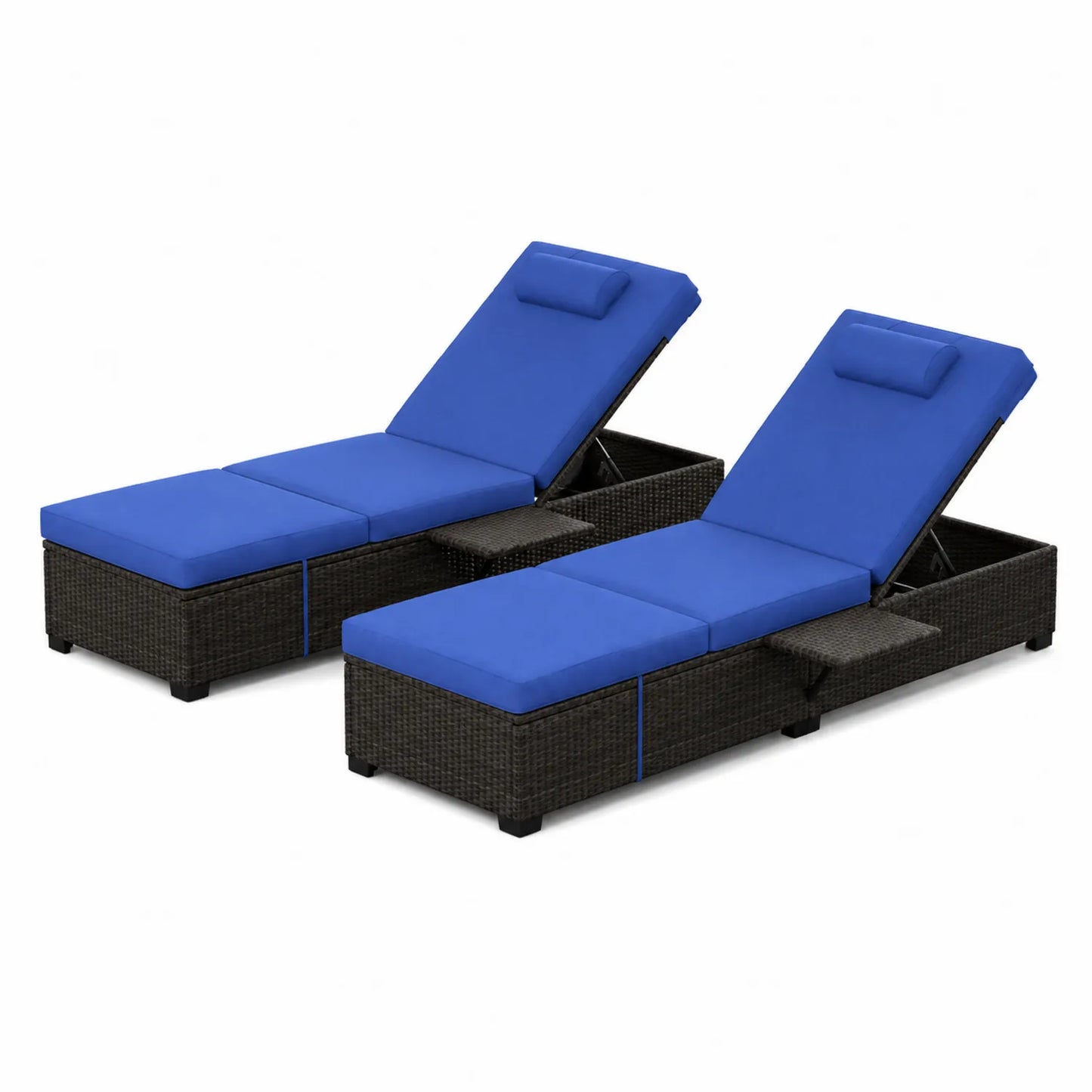 Set di 2 sedie a sdraio in resina intrecciata con cuscini blu regolabili 200 cm