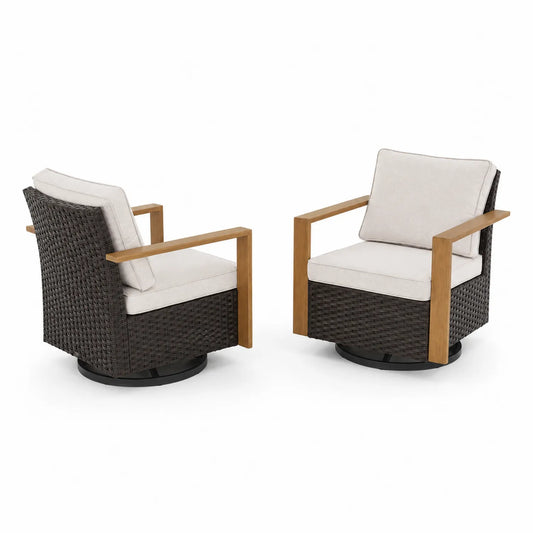 Sedie girevoli in legno e resina intrecciata con cuscini beige