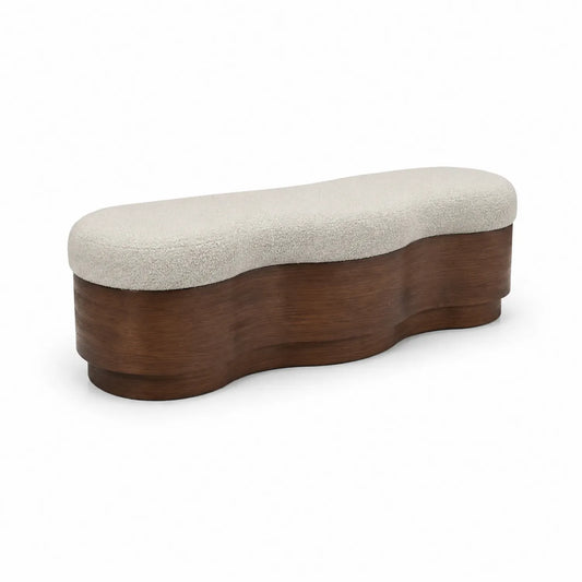 Banc ondulé en bois avec assise en tissu beige