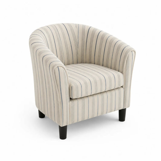 Poltrona Club in tessuto a righe beige/blu con gambe in legno
