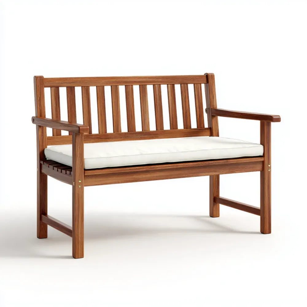 Outdoor Wooden Patio Bench with Cushion - Teak Finish - 120x60x85 cm