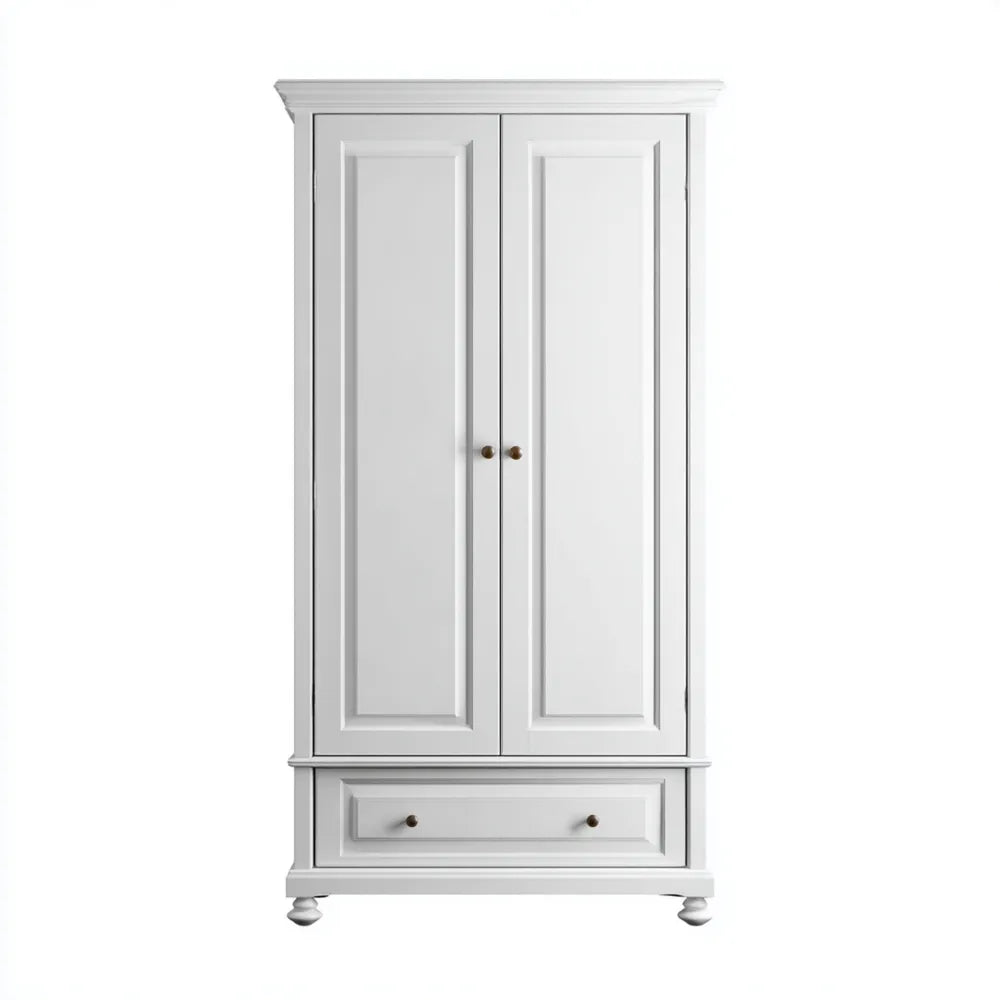 Wardrobe 100x60x200 cm - Wooden 2-Door with Drawer - White - Classic Style