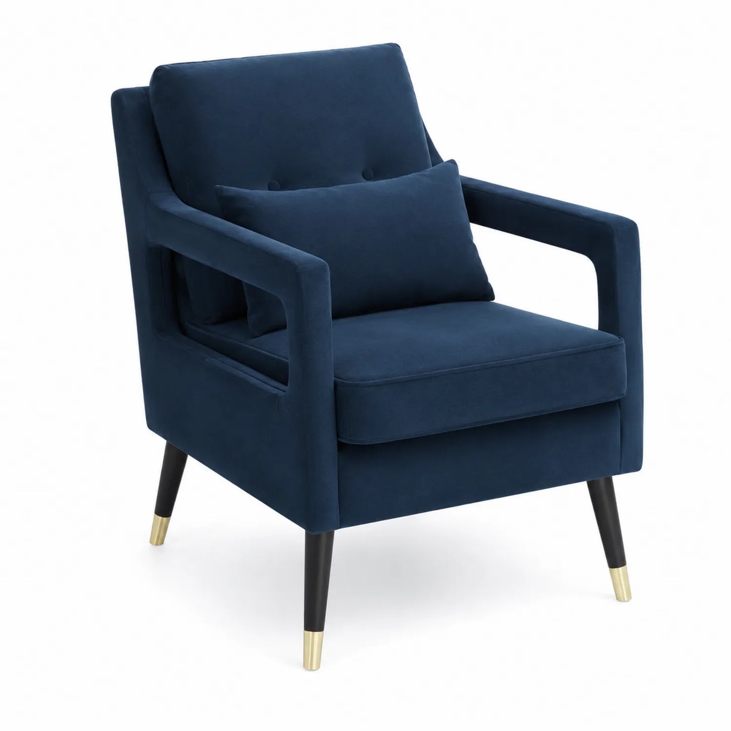 Poltrona in velluto blu con gambe in legno e metallo