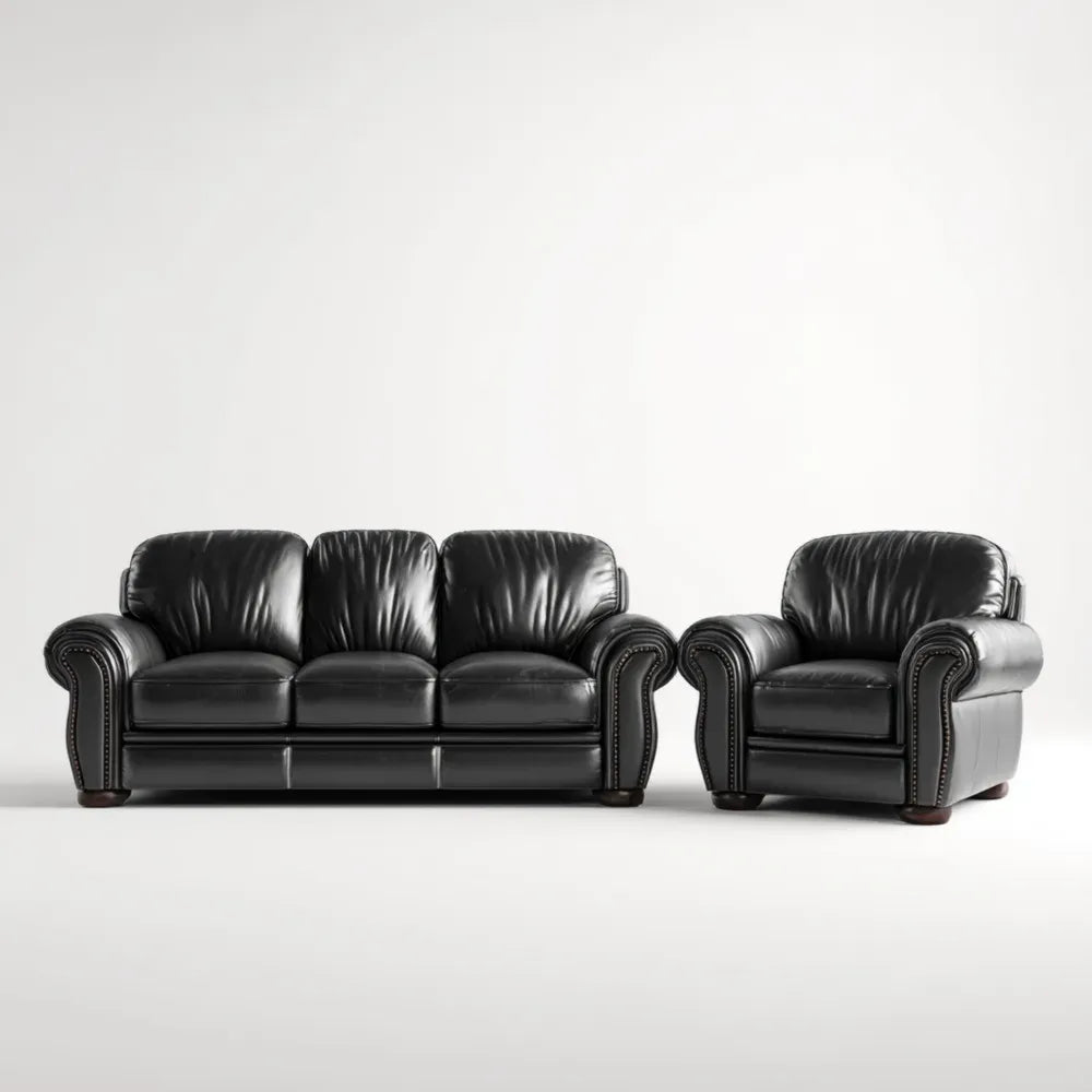 Leather Sofa Set 200x90x95 cm - Black - Classic Design