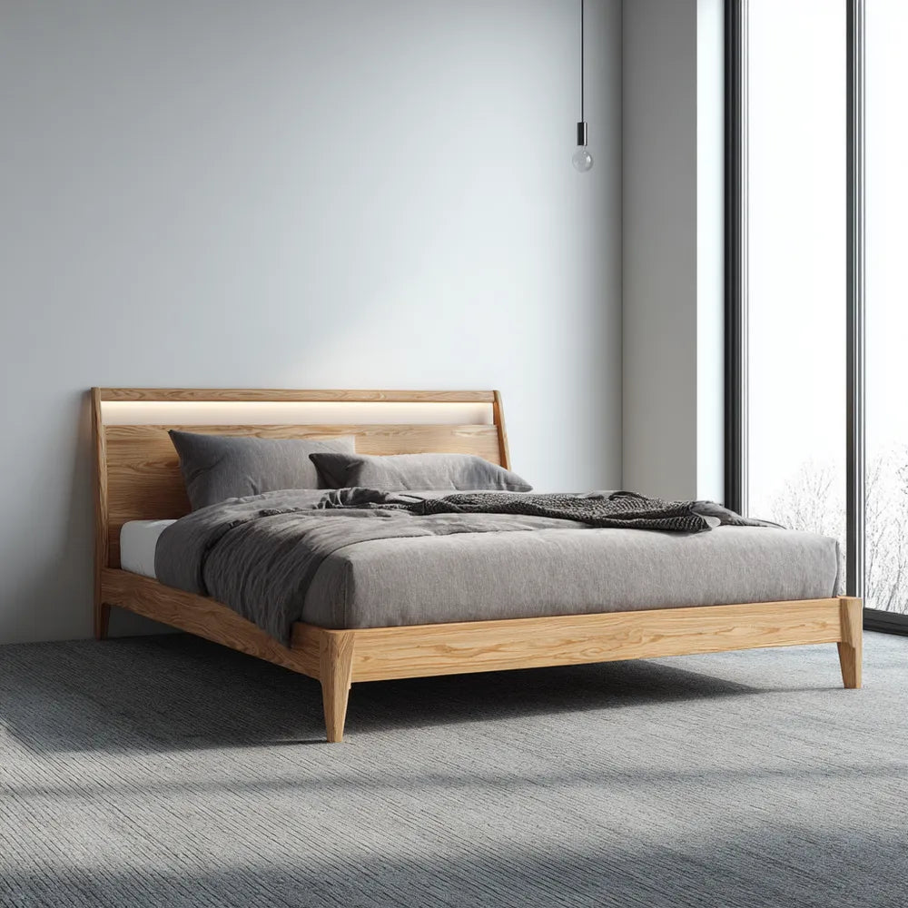 Contemporary Wooden Double Bed 200x160x90 cm - Natural Ash Frame