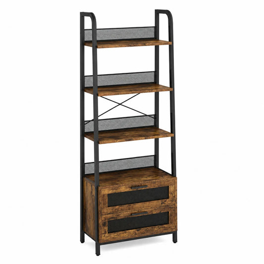 Scaffale in metallo e legno marrone a 4 ripiani con cassetti