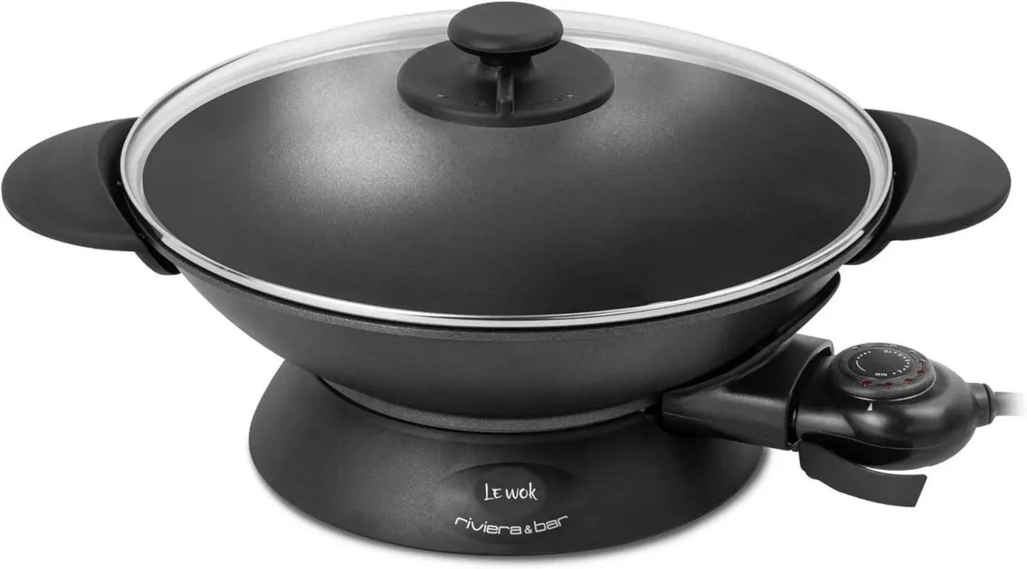 Wok Électrique 5L avec Couvercle en Verre - 2200W, Cuve en Aluminium, Thermostat 10 Positions - Pour 8 Personnes - Facile à Nettoyer
