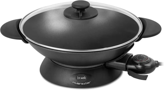 Wok Électrique 5L avec Couvercle en Verre - 2200W, Cuve en Aluminium, Thermostat 10 Positions - Pour 8 Personnes - Facile à Nettoyer
