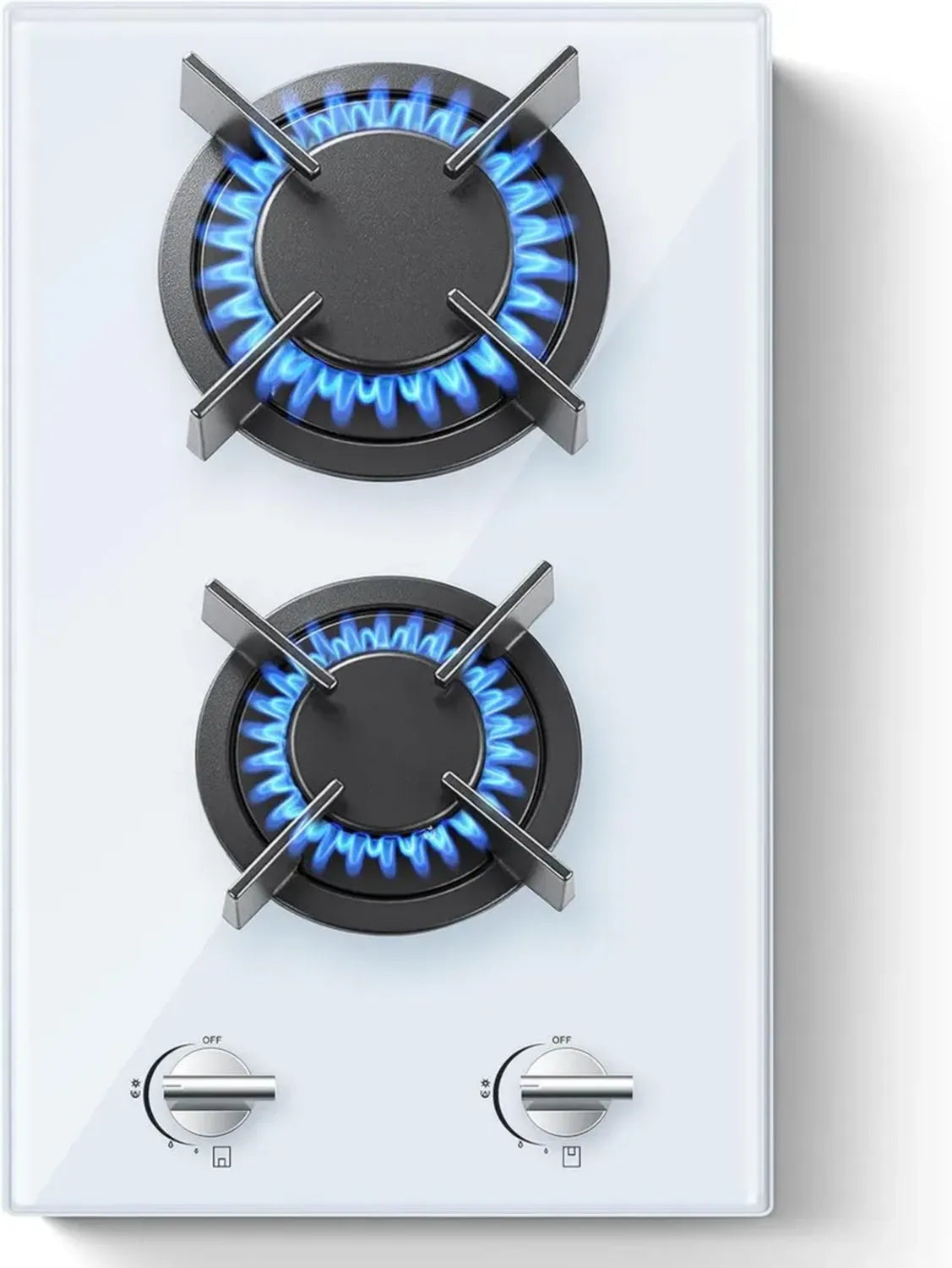 Plaque de Cuisson à Gaz 2 Brûleurs, 30 cm, Conversion Gaz Naturel/Propane, Sécurité Arrêt Automatique, Verre Trempé Blanc, 2400W/1800W