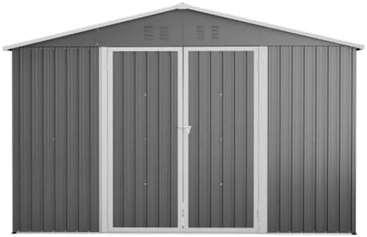 Cabanon de jardin en métal gris 300 x 252 cm – Résistant aux intempéries avec toit à pignon – Idéal pour vélos et outils
