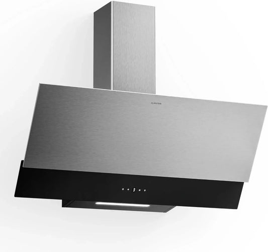 Klarstein Hotte Aspirante 90 cm - Design Moderne, 624 m³/h, A++, Commande Tactile, Éclairage LED, Filtre à Charbon, Inox et Verre Noir, Silencieuse
