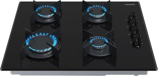 Plaque de Cuisson à Gaz 60cm Arebos, 4 Feux, Verre Trempé, Encastrable, Supports Fonte, Gaz Naturel/Propane
