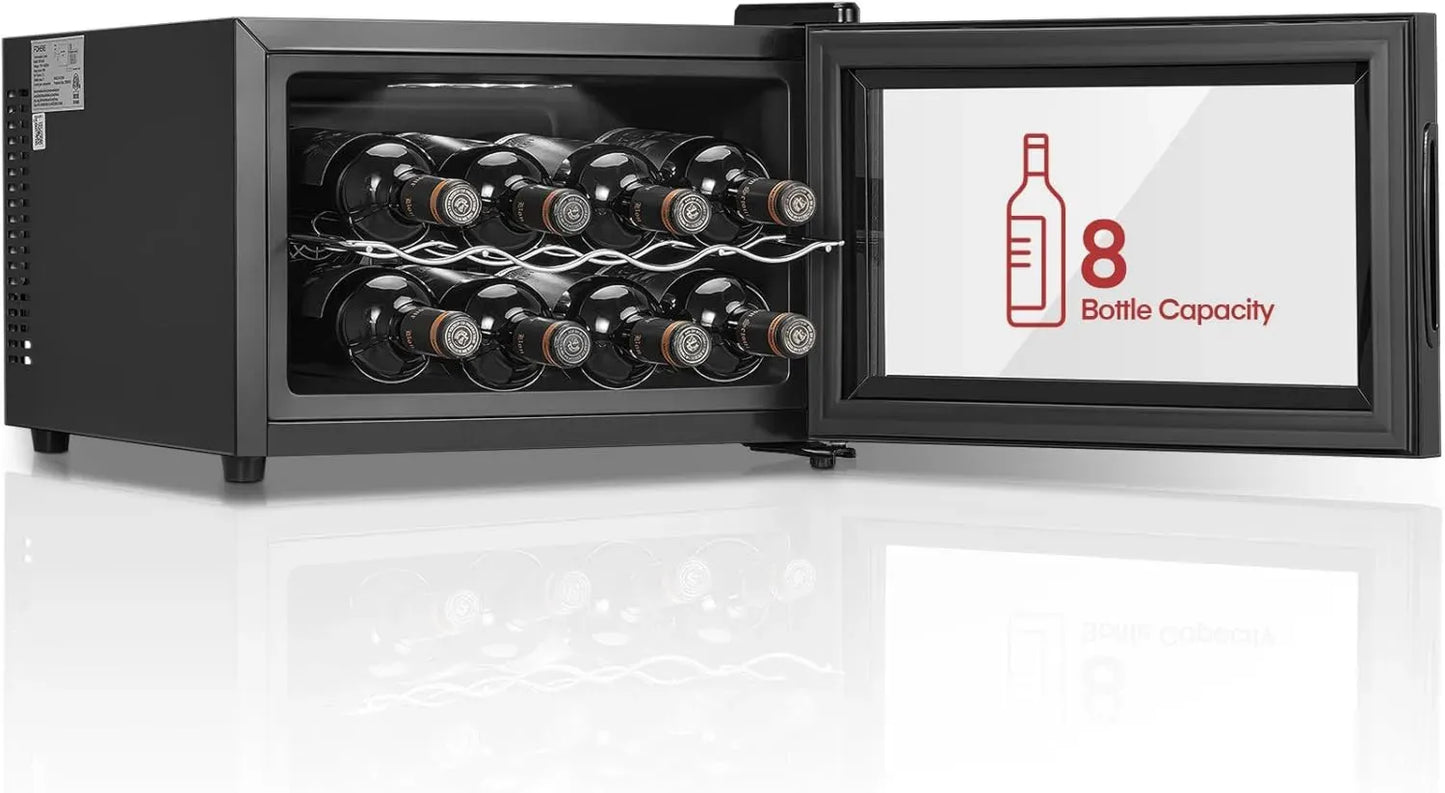 Cave à Vin FOHERE 8 Bouteilles, Réfrigérateur avec Porte en Verre, 22L, Éclairage LED et Affichage Numérique, Température Réglable 8-18°C