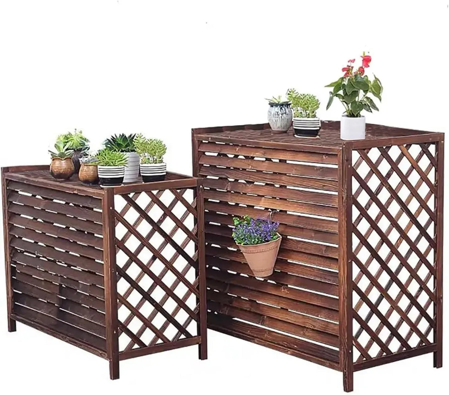 Coffre de Climatisation en Bois Marron avec Support à Fleurs, Protection Anticorrosion pour Unité Extérieure, Écran de Confidentialité Élégant, 110 x 50 x 85 cm
