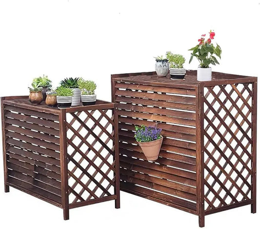 Coffre de Climatisation en Bois Marron avec Support à Fleurs, Protection Anticorrosion pour Unité Extérieure, Écran de Confidentialité Élégant, 110 x 50 x 85 cm
