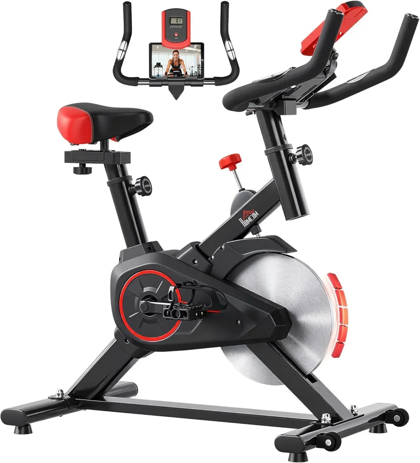Vélo d'Appartement HOMCOM avec Écran LCD et Capteurs de Fréquence Cardiaque, Selle et Guidon Réglables, Volant d'Inertie 6 kg, Acier Noir et Rouge