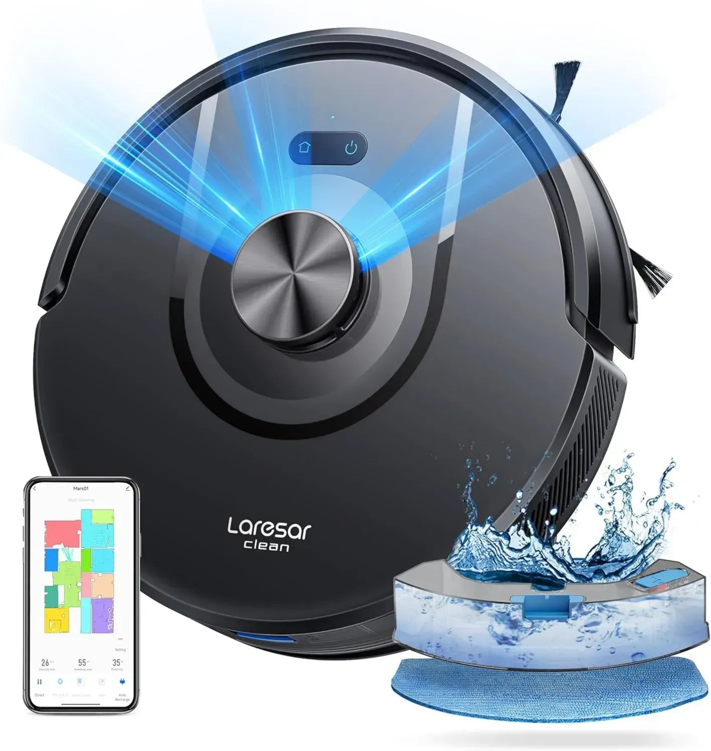 Aspirateur Robot Laveur Laresar Mars01 avec Navigation Lidar 360°, Puissance 5000Pa, Autonomie 180min, Compatible avec Poils d'Animaux, Tapis et Sols, Commande via App, Alexa et Google Home