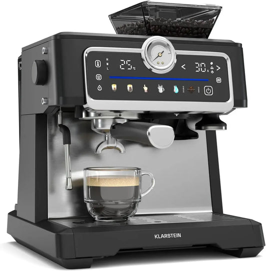 Machine à café Klarstein GrandPresso Touch - 20 Bars, écran tactile, broyeur intégré, buse vapeur, réservoir 2,3L, acier inoxydable noir