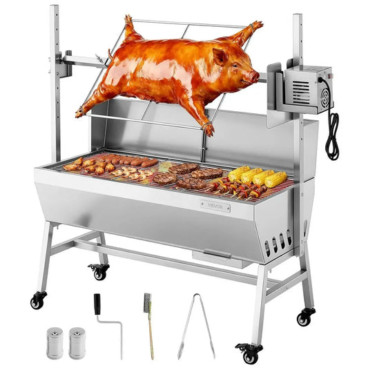 Gril à Charbon VEVOR avec Rôtissoire Électrique 38 W, Capacité 60 kg, 7 Hauteurs Ajustables, Broche Inox, Idéal pour Agneau et Porcelet, Usage Extérieur