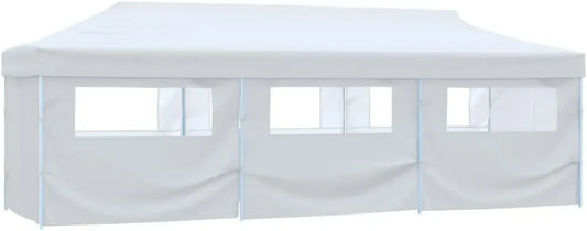 Chapiteau de Réception 3x9m Blanc, 8 Parois Amovibles, Structure Acier Pliable Résistante aux UV, Idéal pour Mariages, Barbecues et Événements Extérieurs