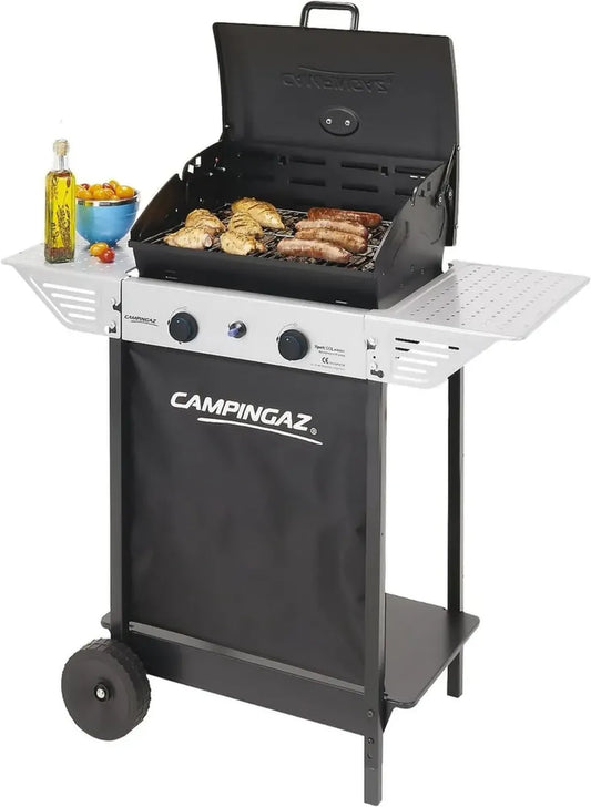 Barbecue à Gaz Portable Campingaz Xpert 100 L Plus, 2 Brûleurs, 7,1 kW, Grille Acier, Tablettes Latérales, Chariot Inclus