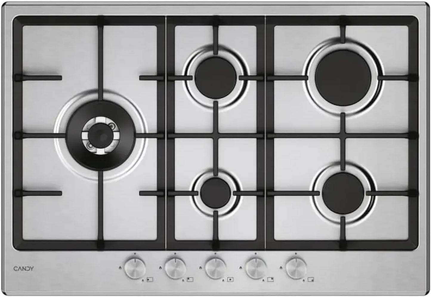 Plaque de Cuisson à Gaz 5 Feux Candy, Inox, Brûleur Double Couronne, Grilles Lave-vaisselle, Dimension 74,5 x 51 cm