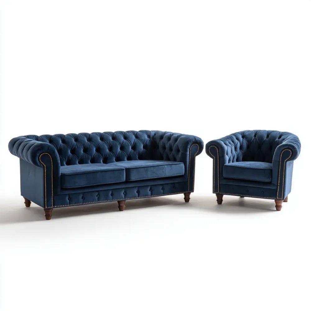 Sofa Set Velvet Upholstery 200x90x80 cm – Chesterfield Design – Blue