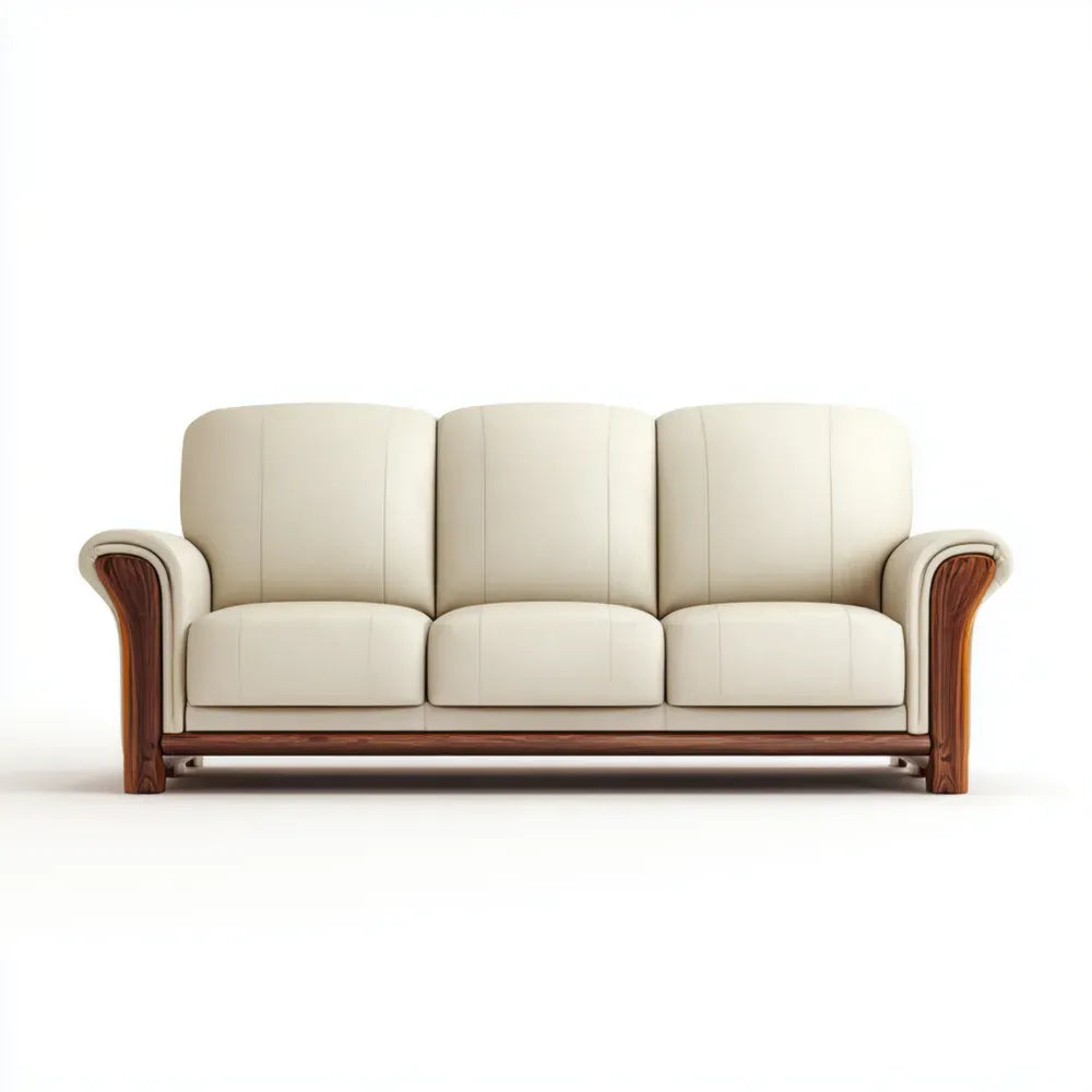 Three-Seater Sofa Leather Upholstery 210x90x85 cm - Cream - Classic Design