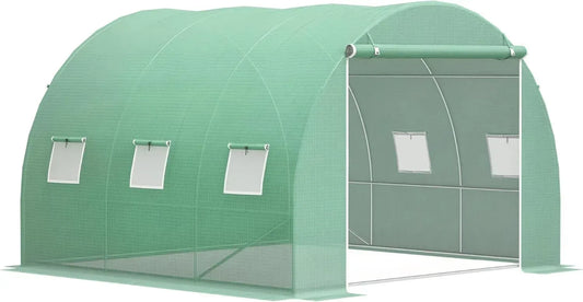 Serre de Jardin Outsunny 9 m² avec Structure en Acier et PE Anti-UV, 6 Fenêtres en Maille, Porte Enroulable