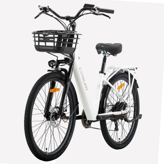 Vélo Électrique Urbain 26" pour Femme, Assistance 45Nm, Batterie Amovible 48V 10.4Ah, Autonomie jusqu'à 100 km, Inclus Panier et Porte-Bagages