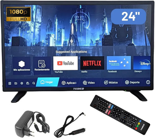 TEBER Téléviseur Intelligent 24" Full HD 1920x1080 avec Bluetooth et Commande Vocale, Compatible 12V/24V/230V pour Caravanes et Bateaux