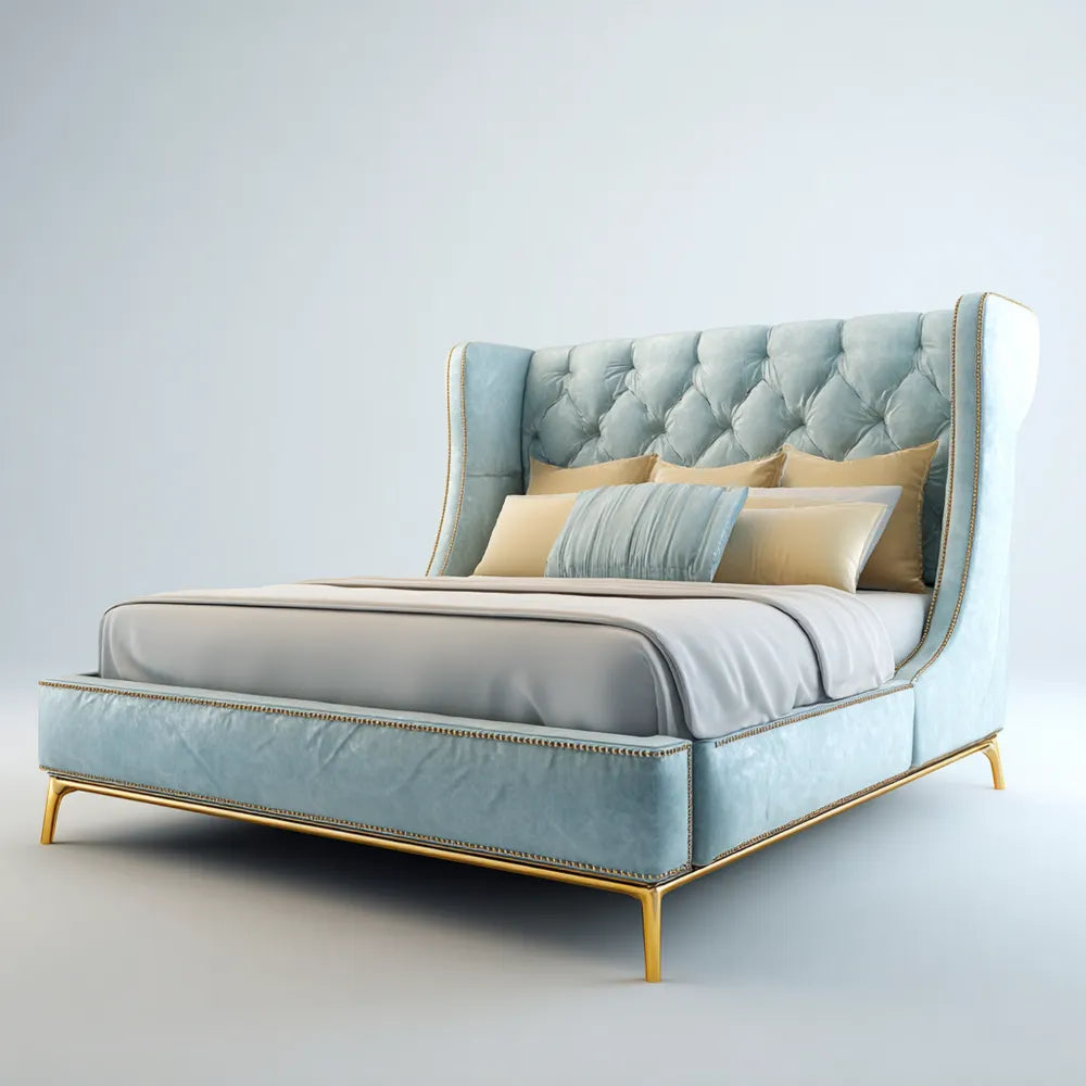 Upholstered Double Bed 200x140x100 cm - Velvet Light Blue - Modern Style