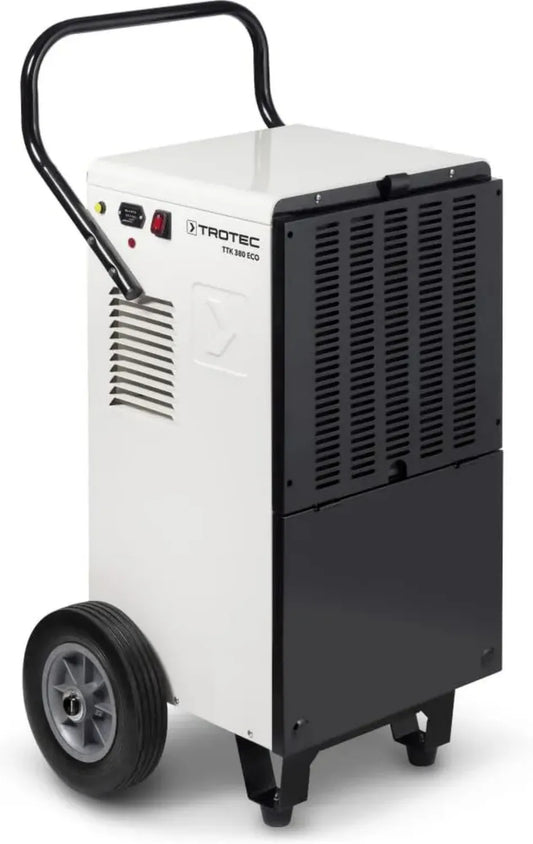 Déshumidificateur industriel TROTEC TTK 380 ECO - 200 m² / 500 m³ - Capacité 80 L/jour - Débit d'air 950 m³/h - Dégivrage gaz chaud, hygrostat compatible, compteur d'heures, réservoir 9,5L