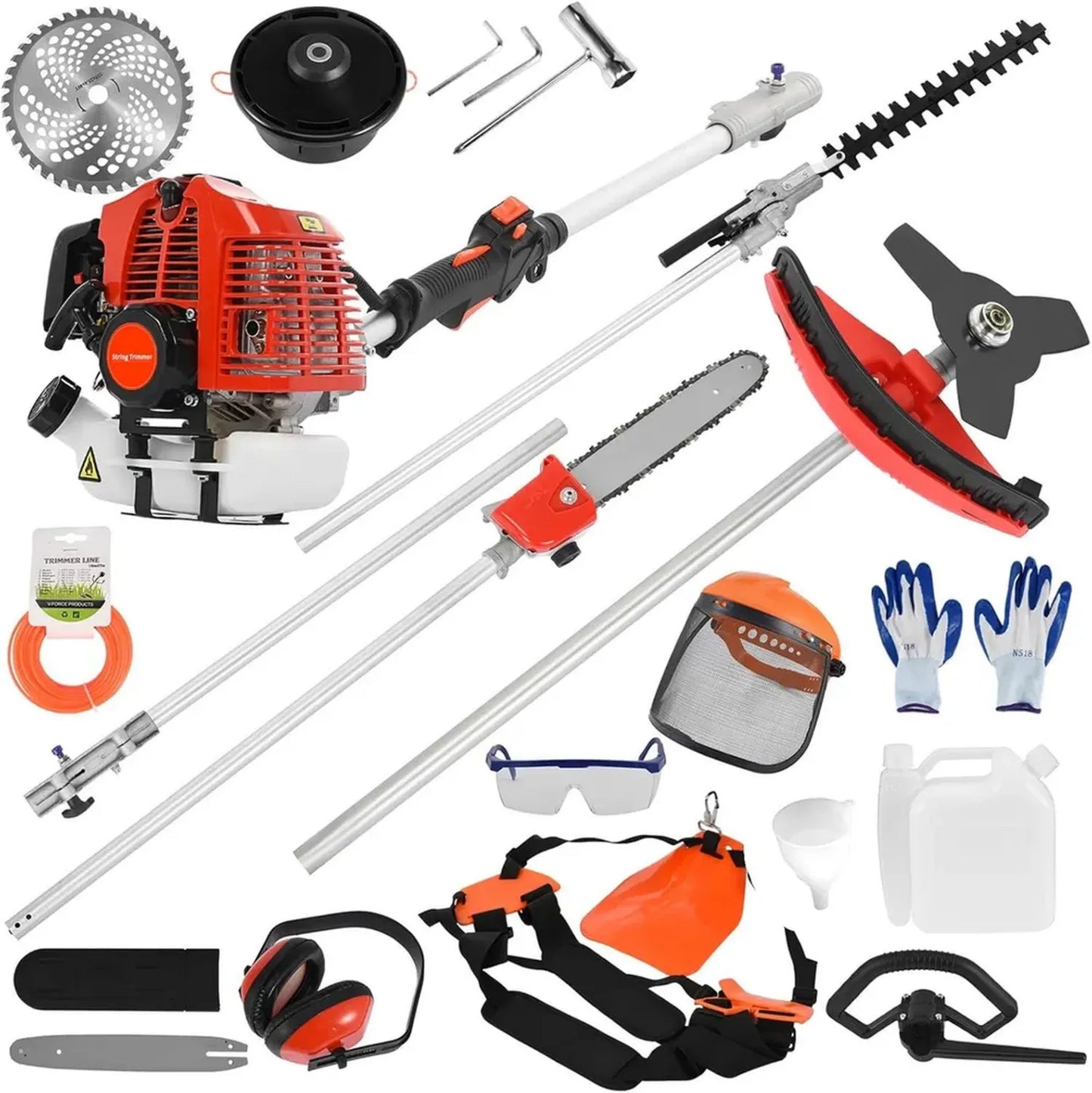 Outils de Jardinage 5 en 1, Débroussailleuse Thermique 52cc, Taille-Haie et Tronçonneuse avec Rallonge, Coupe-Bordure Équilibré, Entretien et Élagage Complet