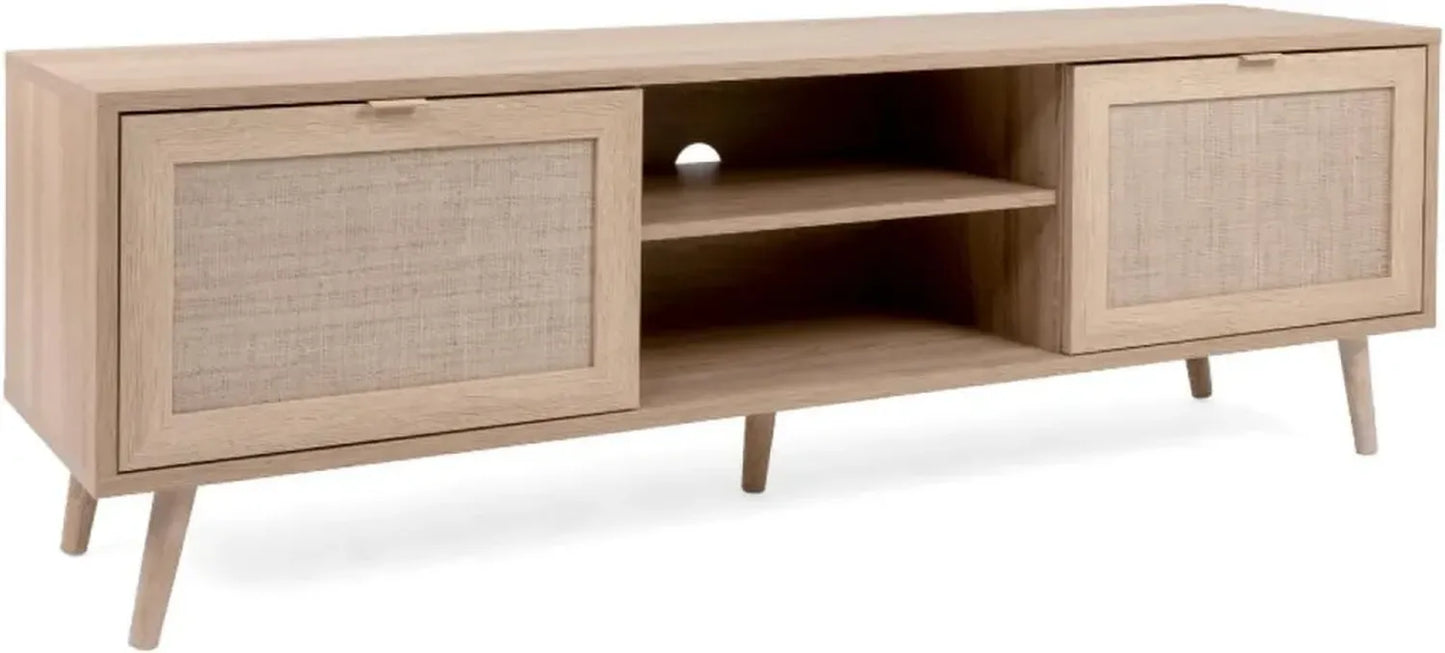 Meuble TV en Bois 150 cm avec Cannage Chic | Design Moderne et Finition Chêne Sonoma | 2 Portes et 2 Niches Pratiques